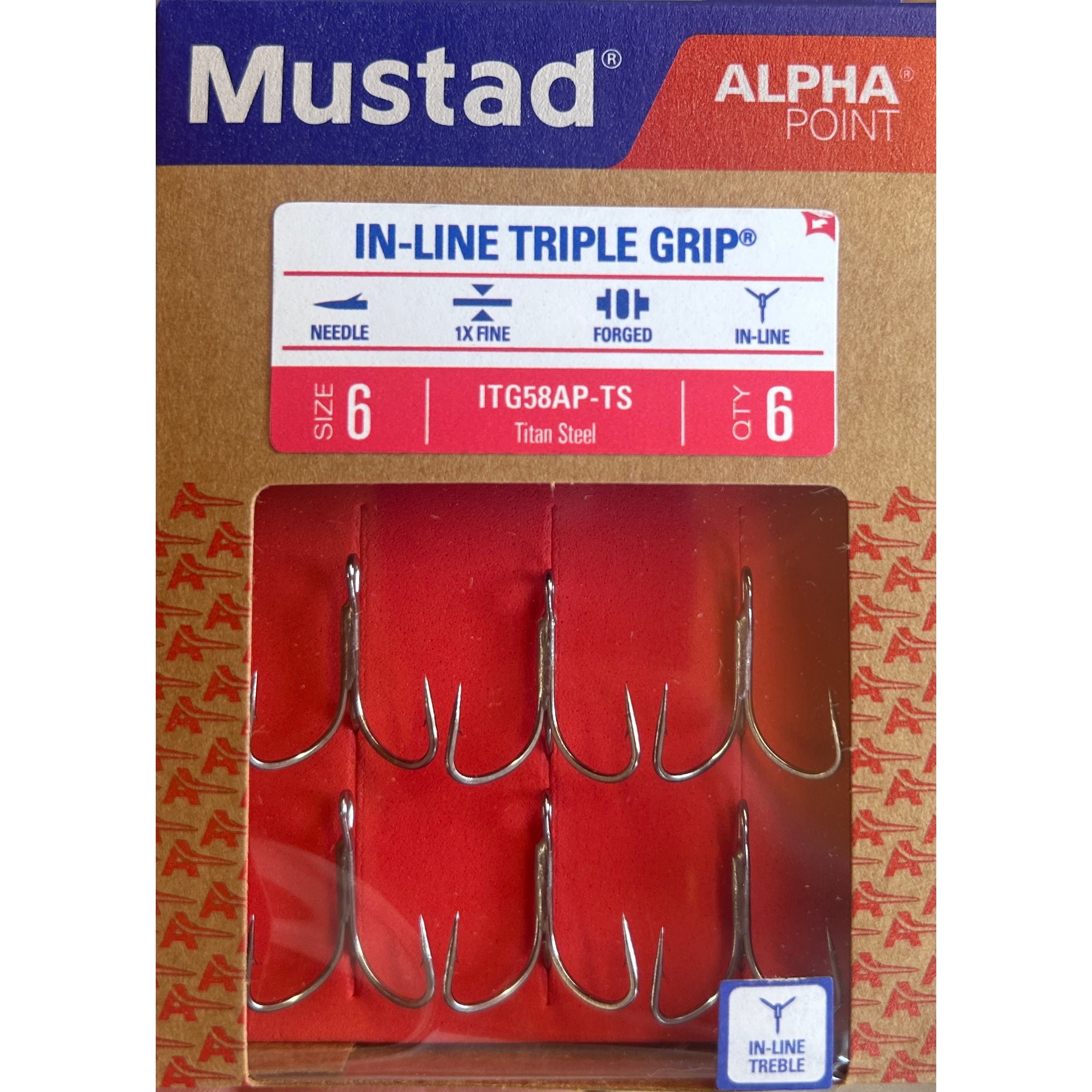 Mustad AP Inline Triple Grip Treble Hooks (packs of 6)