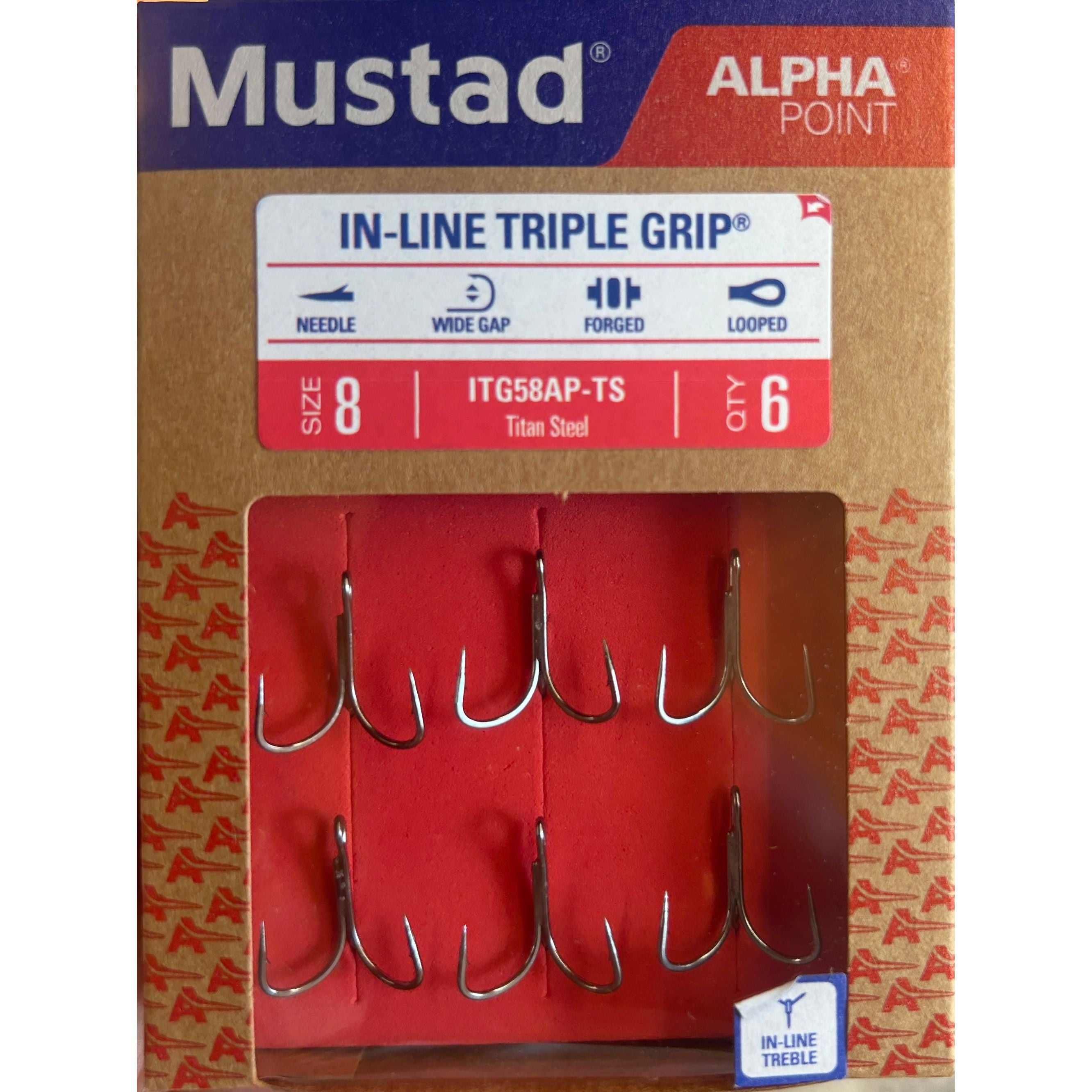 Mustad AP Inline Triple Grip Treble Hooks (packs of 6)